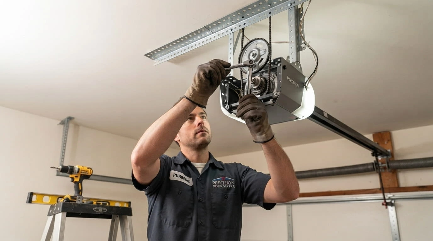 Technician repairing a garage door opener motor unit in Charlotte NC